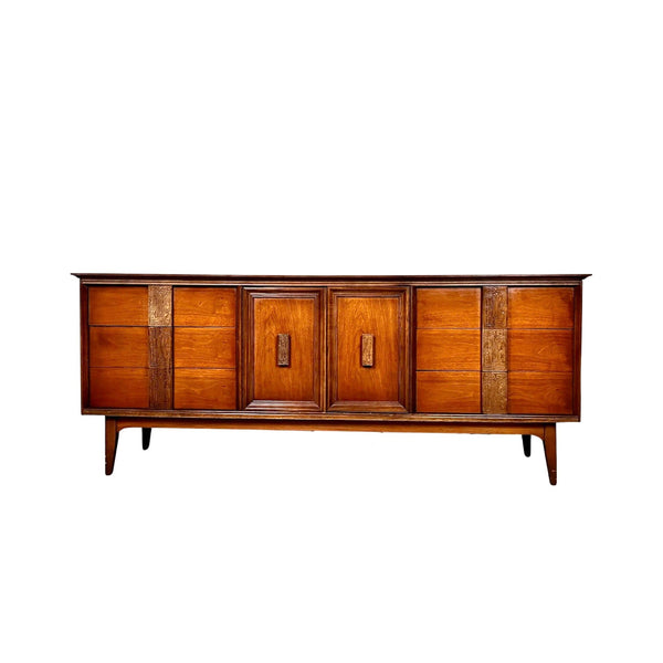 Bassett Mayan Mid Century Modern Vintage Long Lowboy Dresser c. 1960s — front view