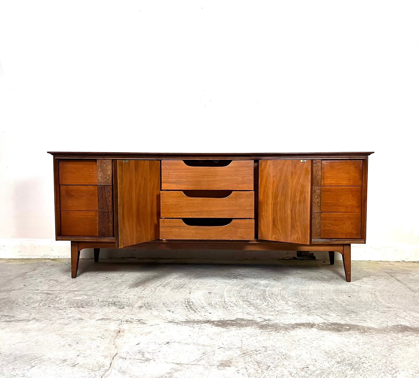 Bassett “Mayan” Mid Century Modern Vintage Long Lowboy Dresser c. 1960s