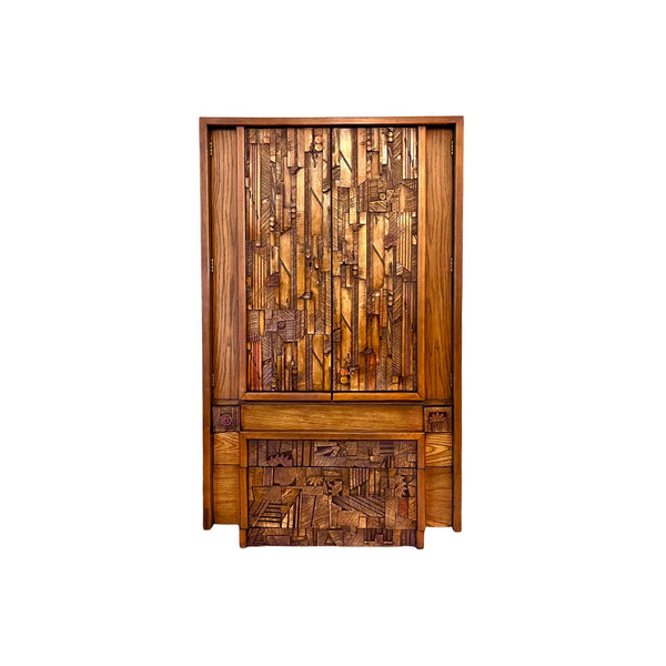 Lane “Pueblo” Mid Century Modern Brutalist Armoire Wardrobe — walnut construction, front view