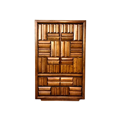 Lane Furniture Mid Century Modern Brutalist Armoire Vintage Tall Dr... — oak construction, front view