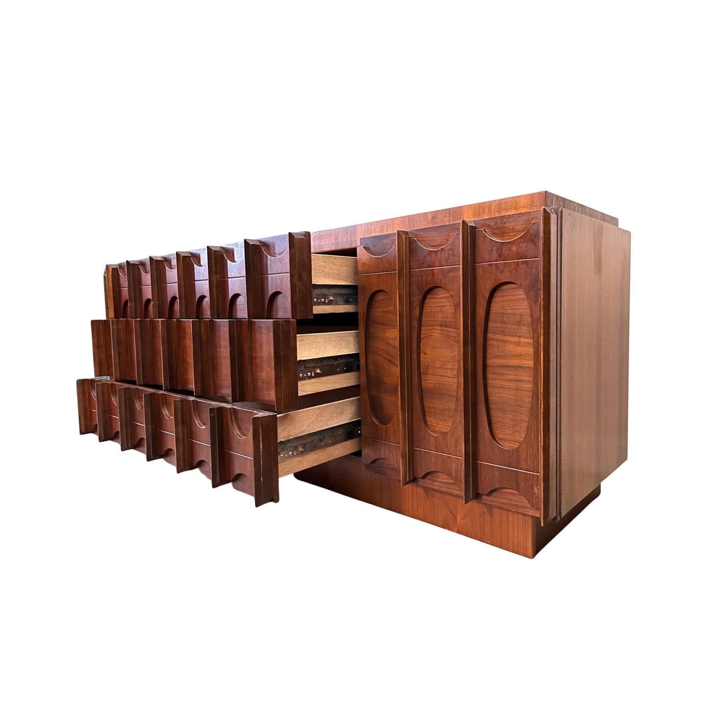 Tobago Furniture Brutalist Mid Century Vintage Lowboy Triple 9 Drawer Dresser