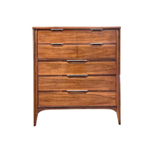 Kent Coffey Impact Highboy 5 Drawer Dresser Mid Century Modern — brass construction, front view