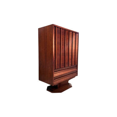 Vintage Mid Century Modern Brutalist Pedestal Highboy Armoire c. 1970s — walnut construction, front view