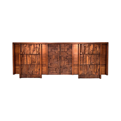 Lane Pueblo Mid Century Modern Brutalist Lowboy Dresser c. 1970s — walnut construction, front view