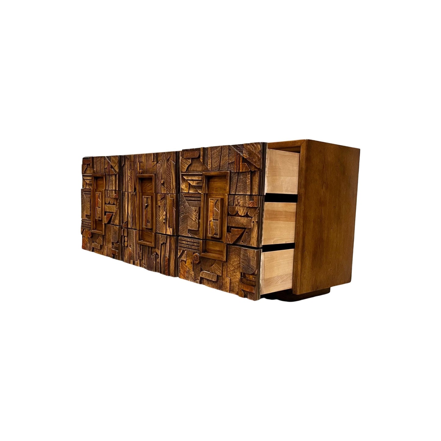 Elevate your home decor with this mid-century modern masterpiece, a 9-drawer lowboy dresser from Lane Furniture's Pueblo line featuring a stunning brutalist pattern on all drawers.