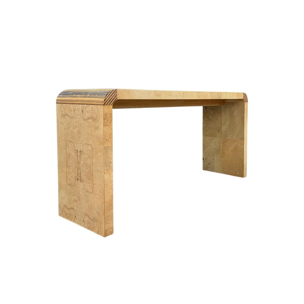 Henredon Scene Two Vintage Contemporary Burl Console Table or Desk ... — burl construction, front view