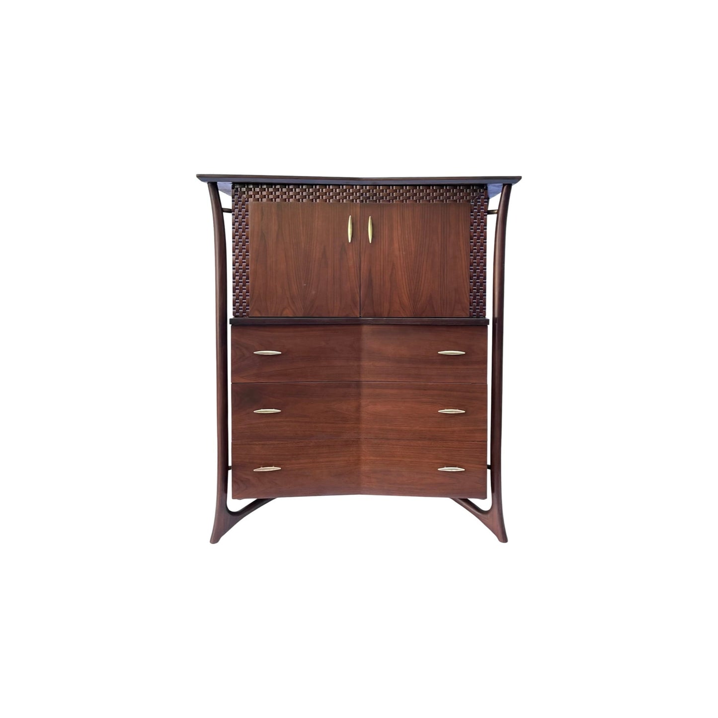 Piet Hein Walnut and Brass Mid Century Modern Highboy Dresser - Front View