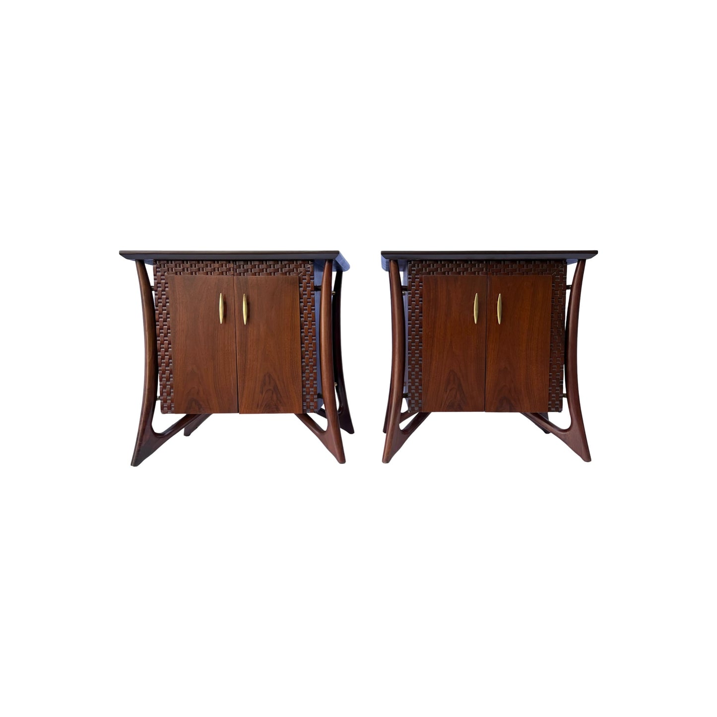 Piet Hein Designed Pair of Mid Century Modern Nightstands Featuring Beautiful Walnut Grain, Sculpted Leg Base and Brilliant Brass Handles