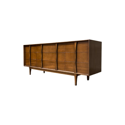 Vintage Mid Century Modern 9 Drawer Lowboy Dresser c. 1960s — walnut construction, front view