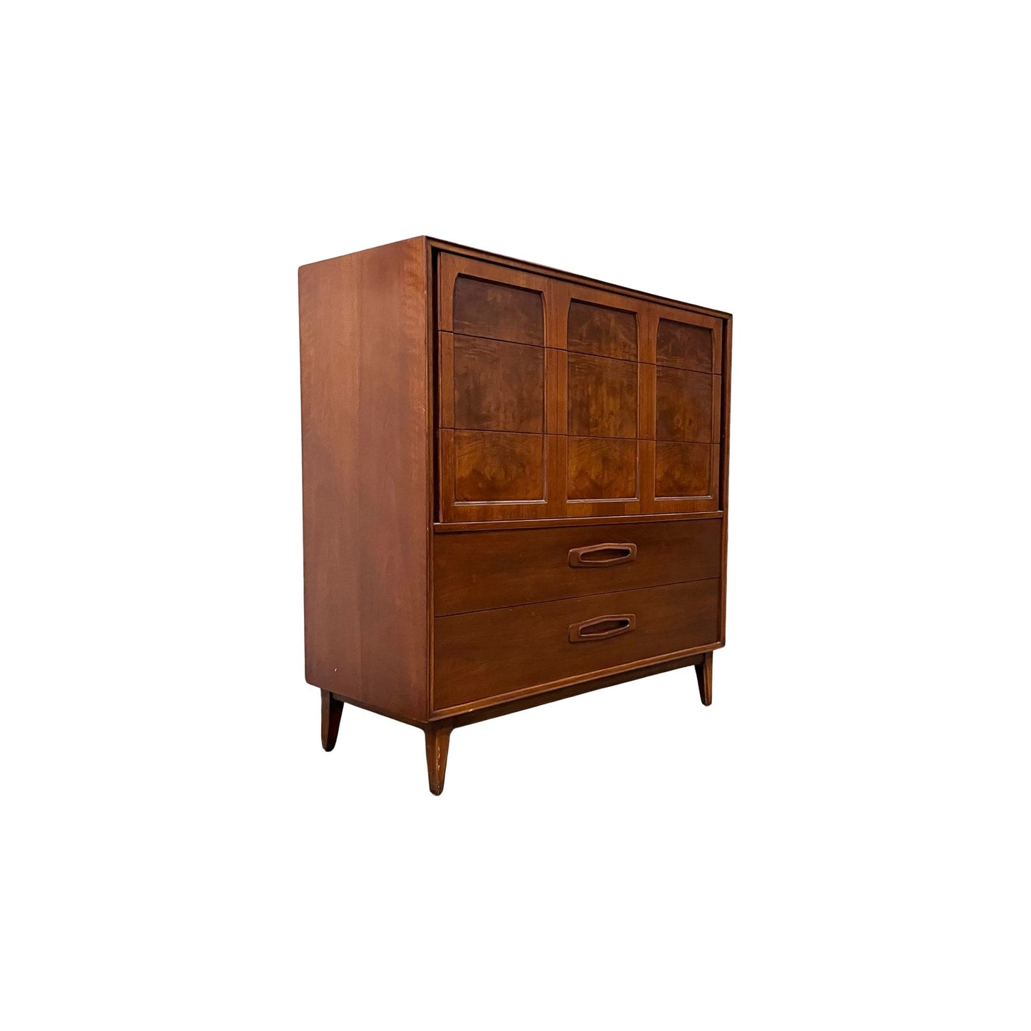 Crafted from Walnut and Burl Wood - Vintage Mid Century Modern 1960s Highboy Dresser