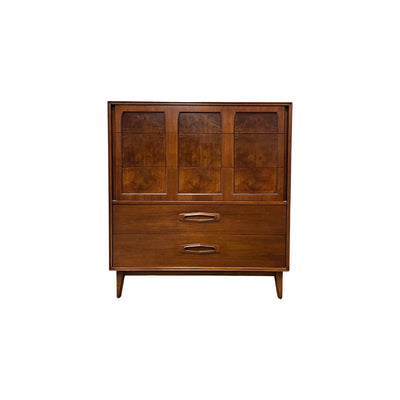 Red Lion Vintage Mid Century Modern Walnut & Burl Highboy Dresser c... — walnut construction, front view