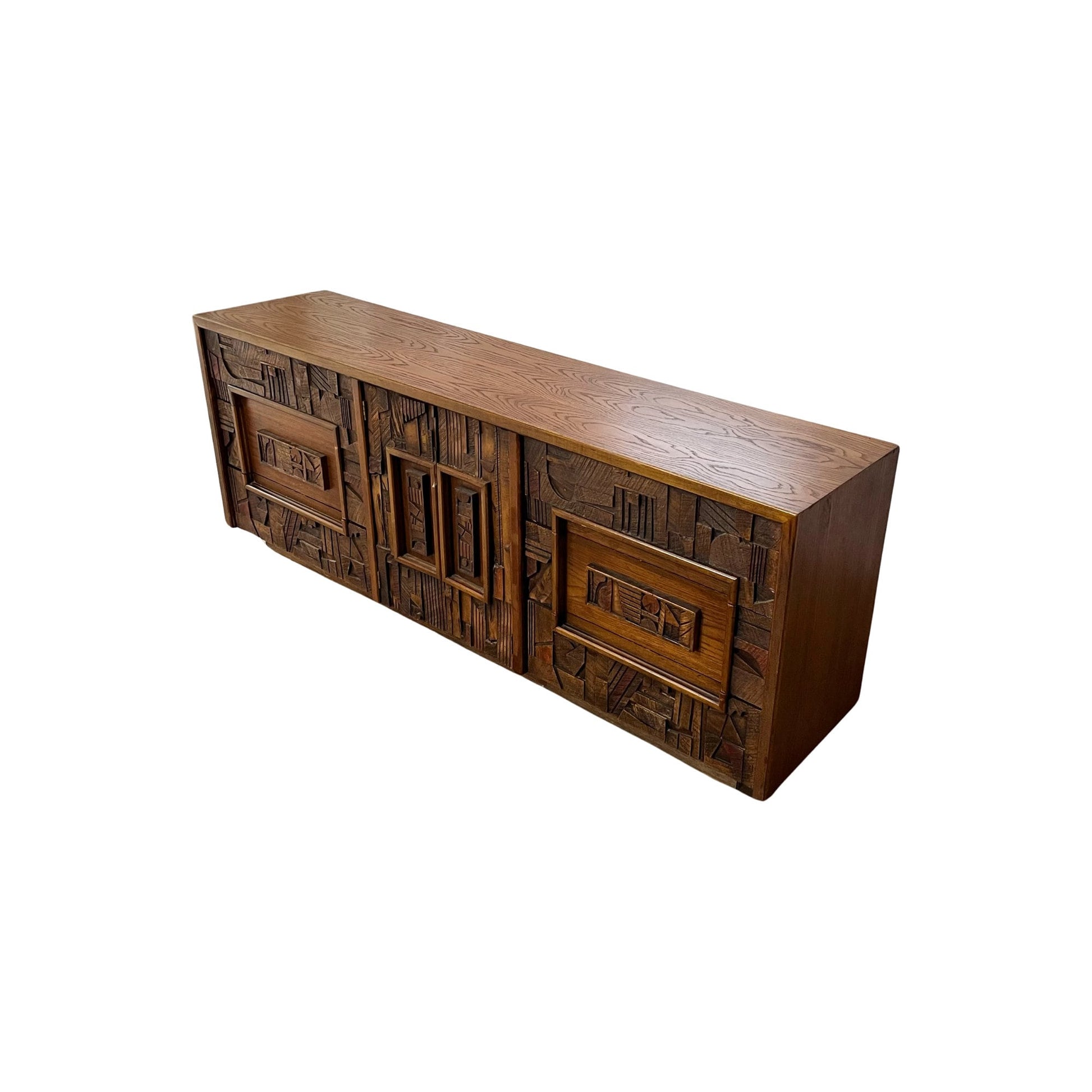 Southwestern-Style Brutalist Pattern on All Nine Drawers and Beautiful Wood Grain on Top - Brustlist 9 Drawer Lowboy Dresser by Lane Furniture