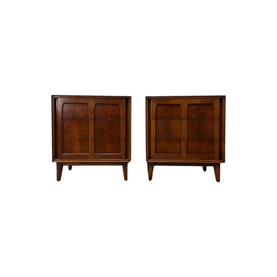 Red Lion Vintage Mid Century Modern Walnut & Burl Pair of Nightstan... — walnut construction, front view