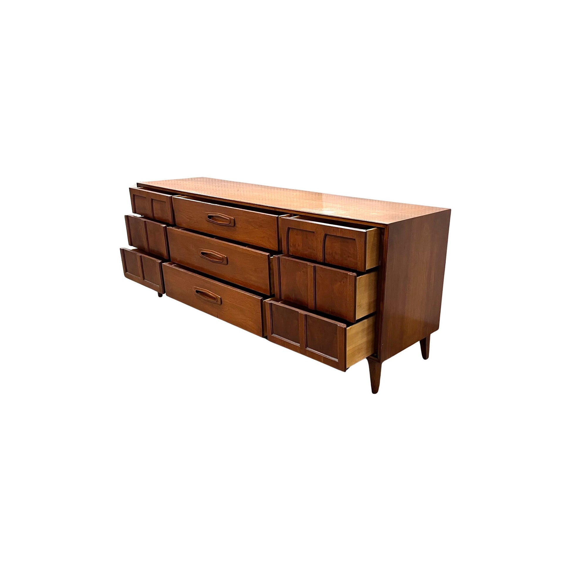 "Oval-Shaped Carved Wood Handles on Middle Drawers - Red Lion Mid Century Modern Vintage Bedroom Furniture