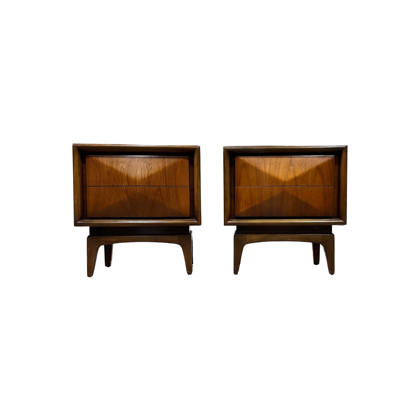 Rich Walnut Veneer and Solid Wood Construction - United Furniture Co. Mid Century Modern Pair of Nighstands