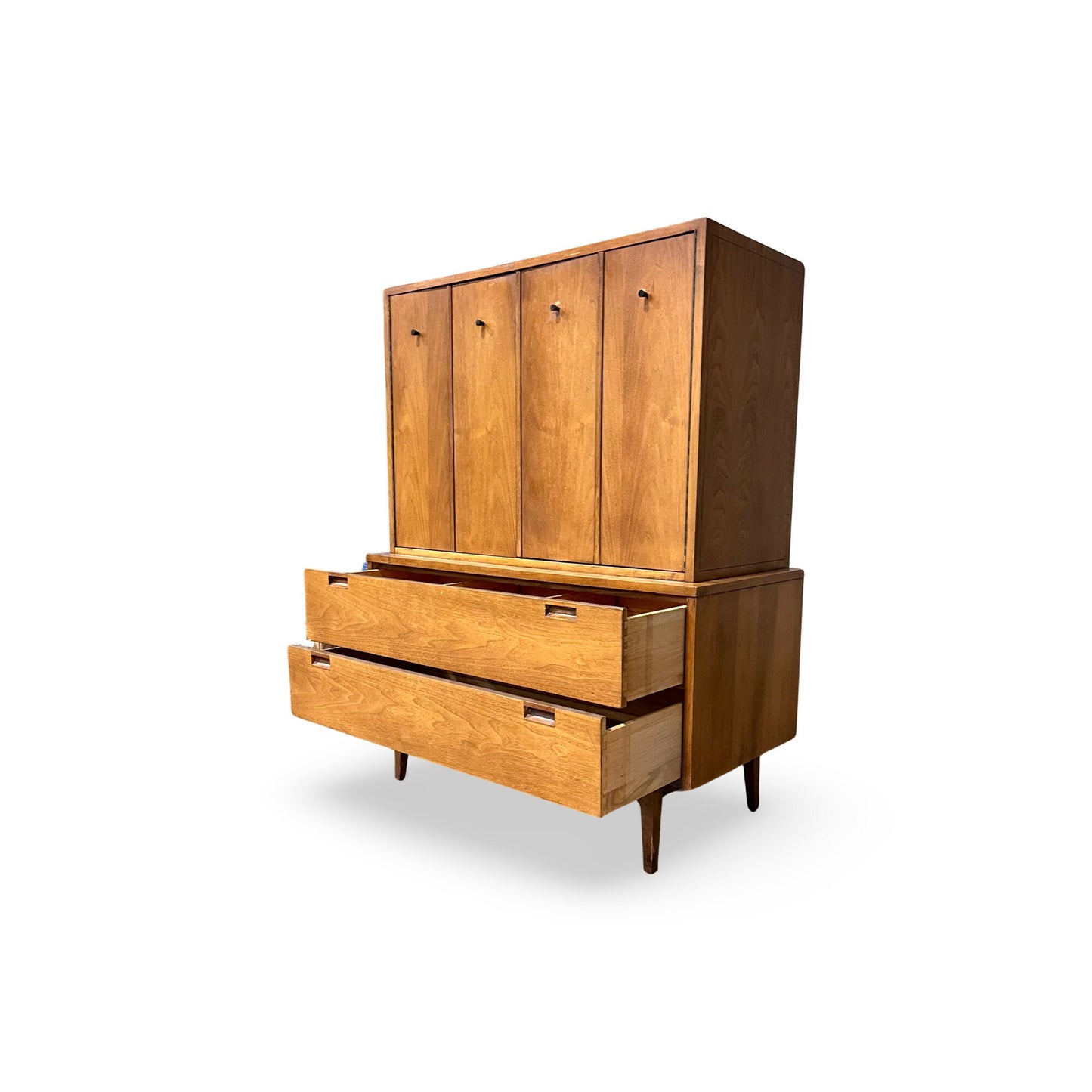 Elegant American MCM dresser with brass knobs and deep storage drawers.