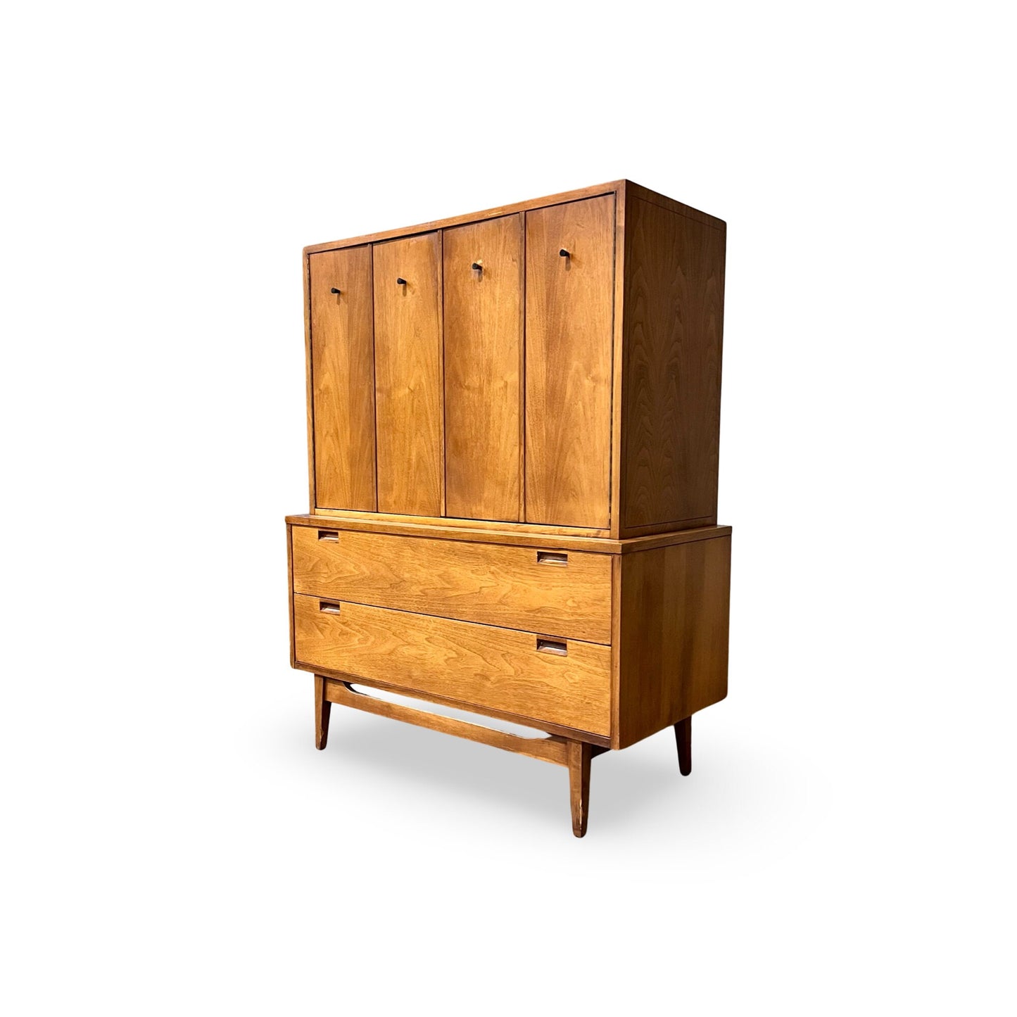 Walnut dresser with rich graining and splayed legs, showcasing traditional craftsmanship.