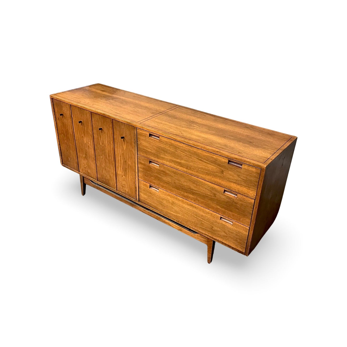 Elegant walnut dresser with contrasting vertical and horizontal graining.