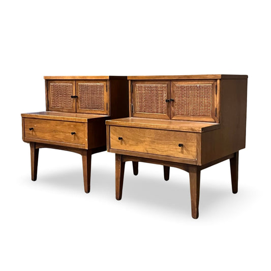 Vintage walnut nightstands, combining American MCM and Danish Modern styles.