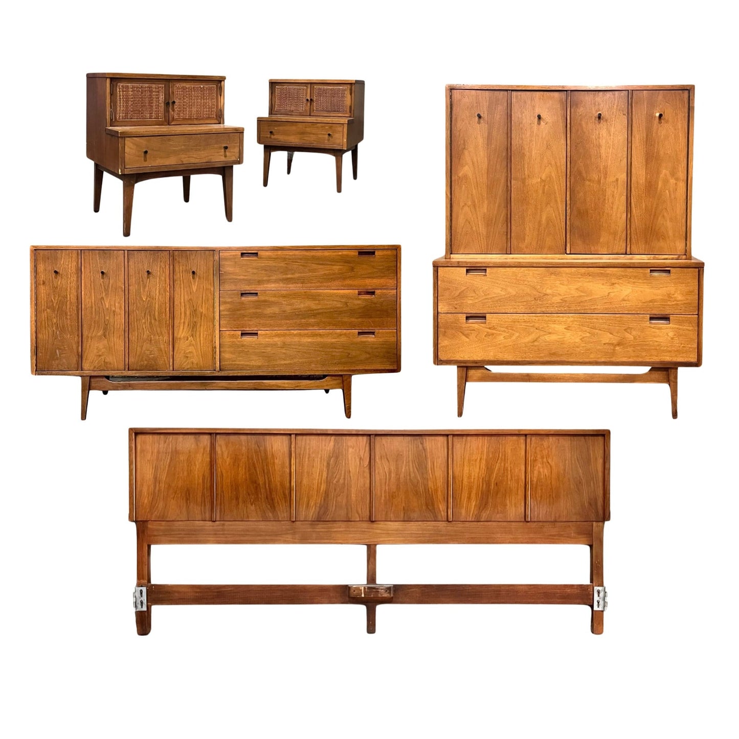 Complete 1960s bedroom set by American of Martinsville with elegant walnut wood.