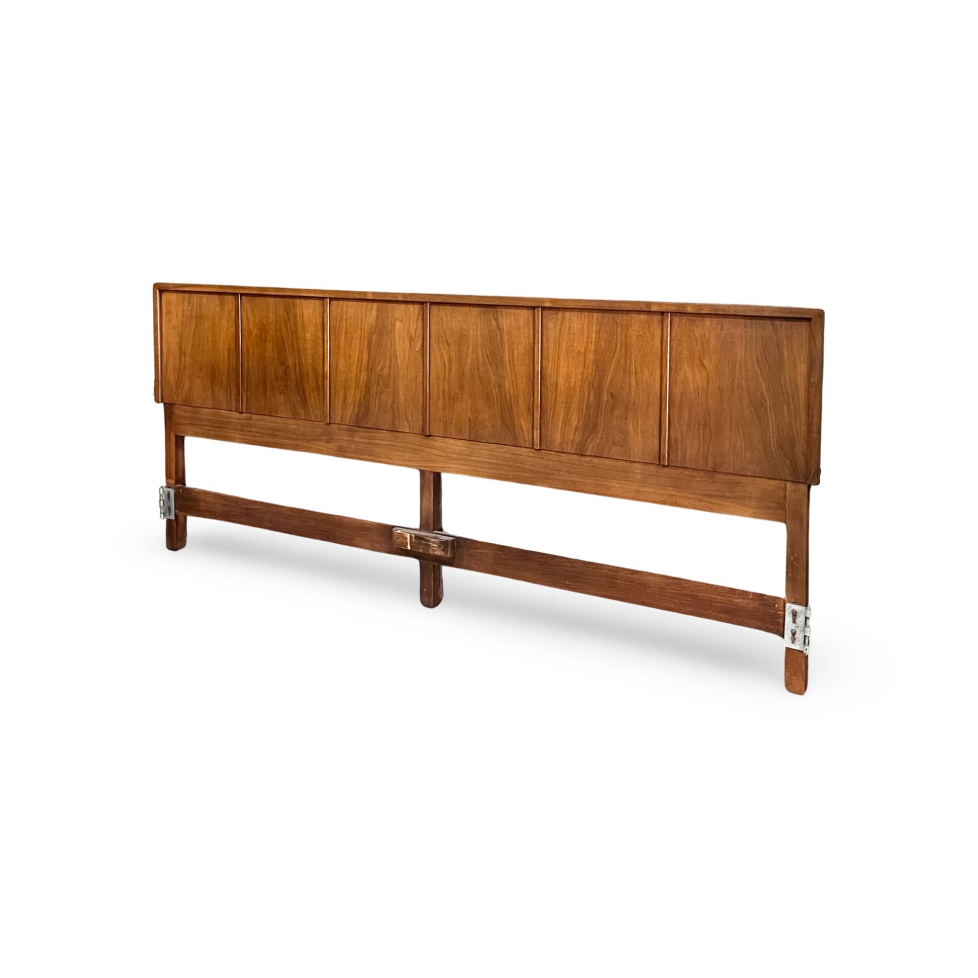 Mid-century Modern headboard with six vertical walnut panels for king beds.