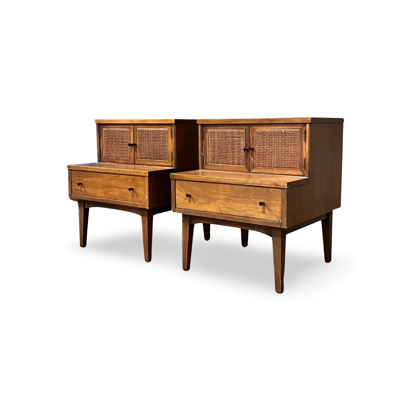 Vintage American MCM bedroom set with unique step table nightstands and woven cane details.
